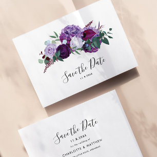 Modern Purple Floral Botanical Script Save The Date