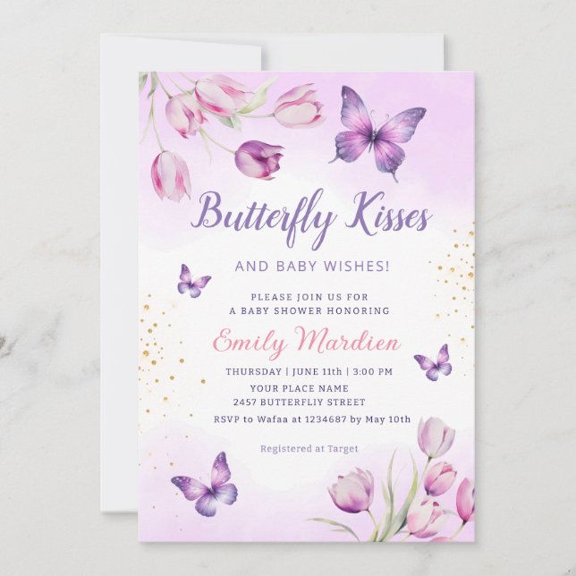 Modern Purple Floral Butterfly Girl Baby Shower Invitation (Front)