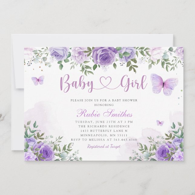 Modern Purple Floral Butterfly Girl Baby Shower    Invitation (Front)