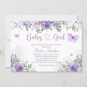 Modern Purple Floral Butterfly Girl Baby Shower    Invitation