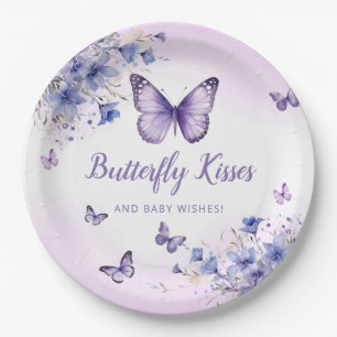 Modern Purple Floral Butterfly Girl Baby Shower Paper Plate