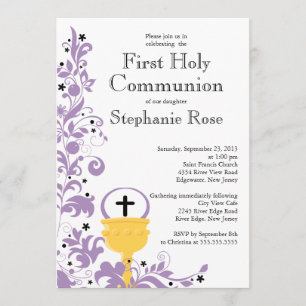 Modern Purple Floral First Holy Communion Invitation