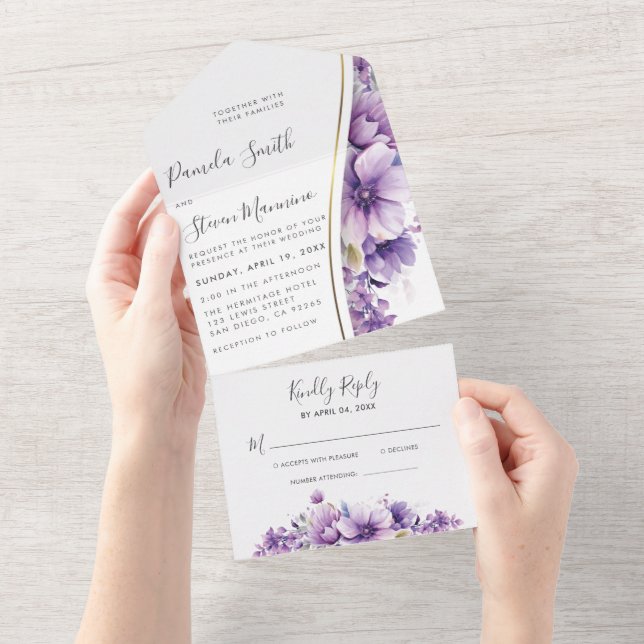 Modern Purple Floral Foliage Wedding with RSVP All In One Invitation (Tearaway)
