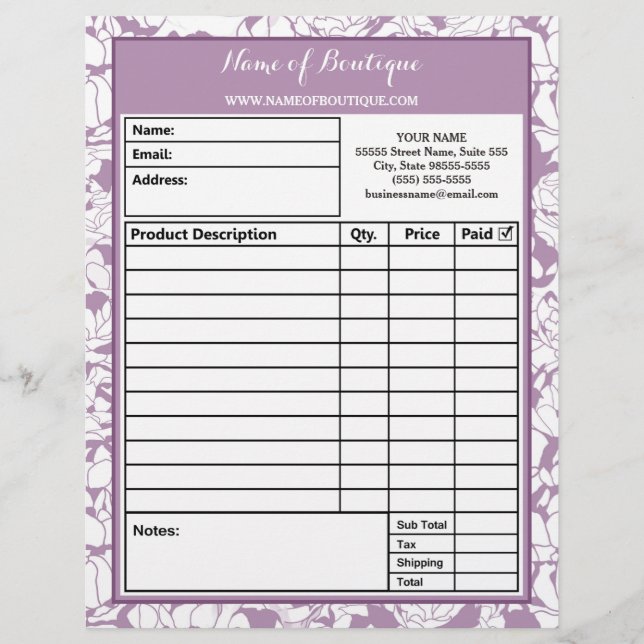 Modern Purple Floral Girly Beauty Salon Order Form Letterhead Design (Front)