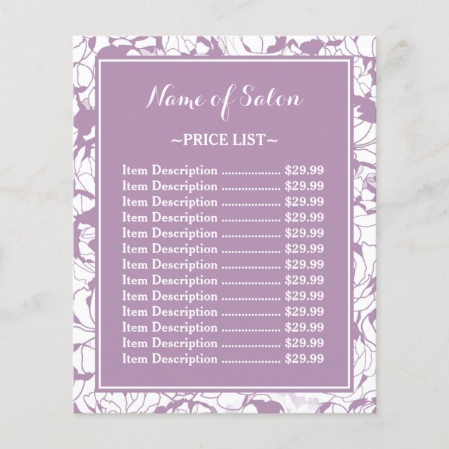 Modern Purple Floral Girly Beauty Salon Price List Flyer (Front)