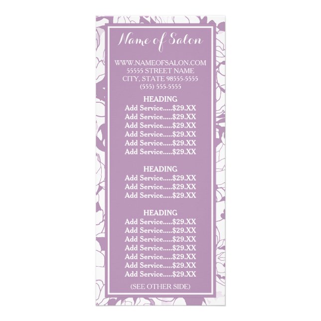 Modern Purple Floral Girly Beauty Salon Price List Rack Card (Front)