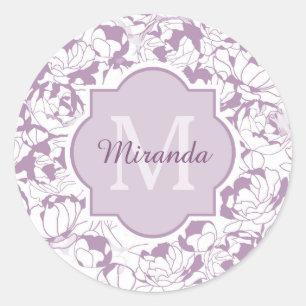 Modern Purple Floral Girly Monogram With Name Classic Round Sticker