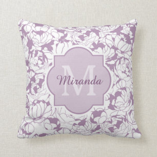 Modern Purple Floral Girly Monogram With Name Cushion
