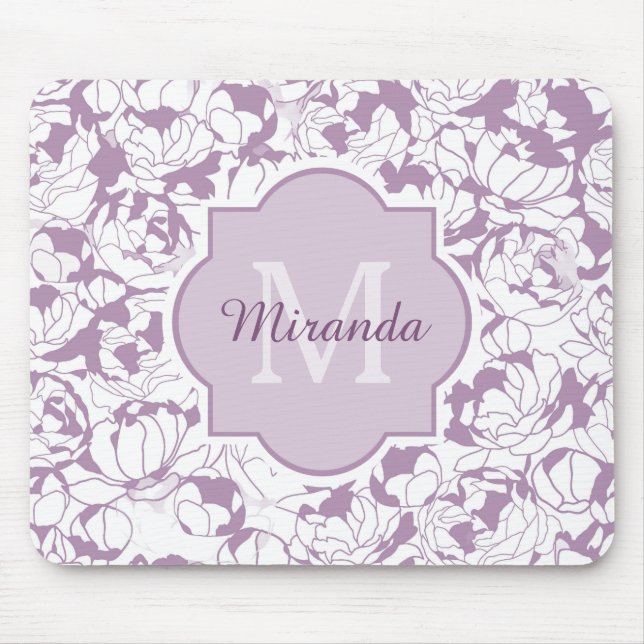 Modern Purple Floral Girly Monogram With Name Mouse Mat (Front)