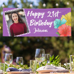 Modern Purple Floral Happy 21st Birthday Photo Banner<br><div class="desc">Fun,  bright and multicolor watercolor flowers painted by Suki’s. Large flowers decorate the right side of the banner,  while a double photo frame decorated the left side.. Customise birthday years and name of the birthday gal.  

Photo placeholder Credit: Michael Dam from Unsplash</div>