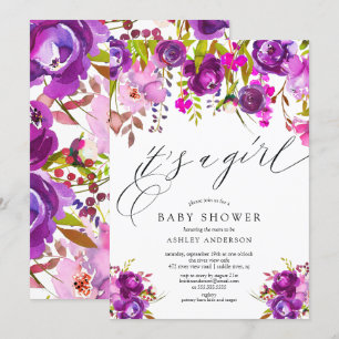Modern Purple Floral It's a Girl Baby Shower Invitation