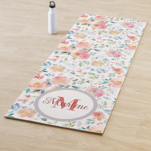 Modern purple floral pattern watercolor monogram y yoga mat