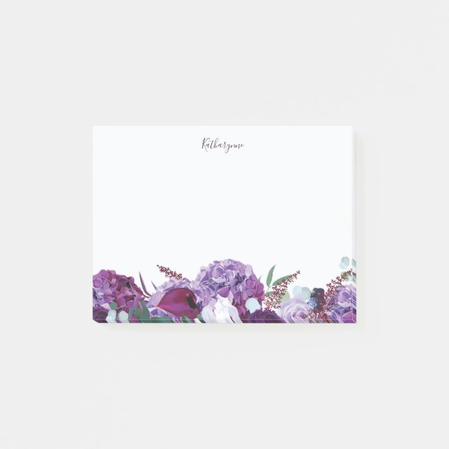 Modern Purple Floral Personalised Post-it Notes (Front)