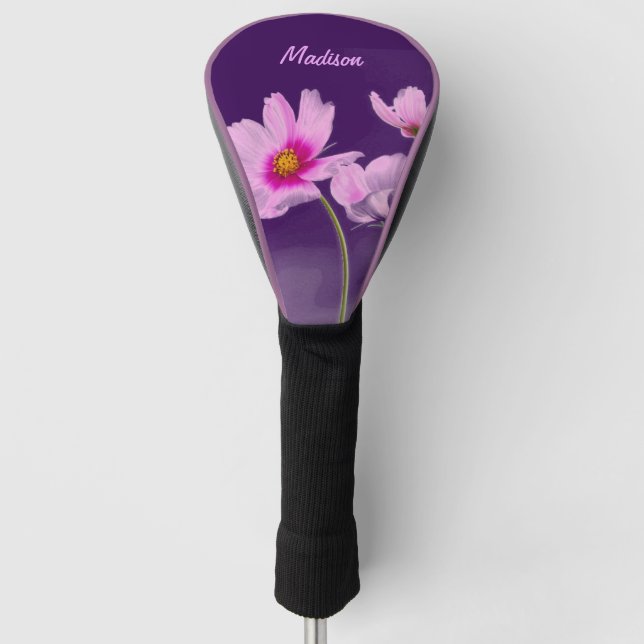 Modern Purple Floral Personalised Womens Golf Head Cover (Front)