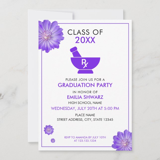 Modern Purple Floral Pharmacist Graduation Party Invitation (Front)