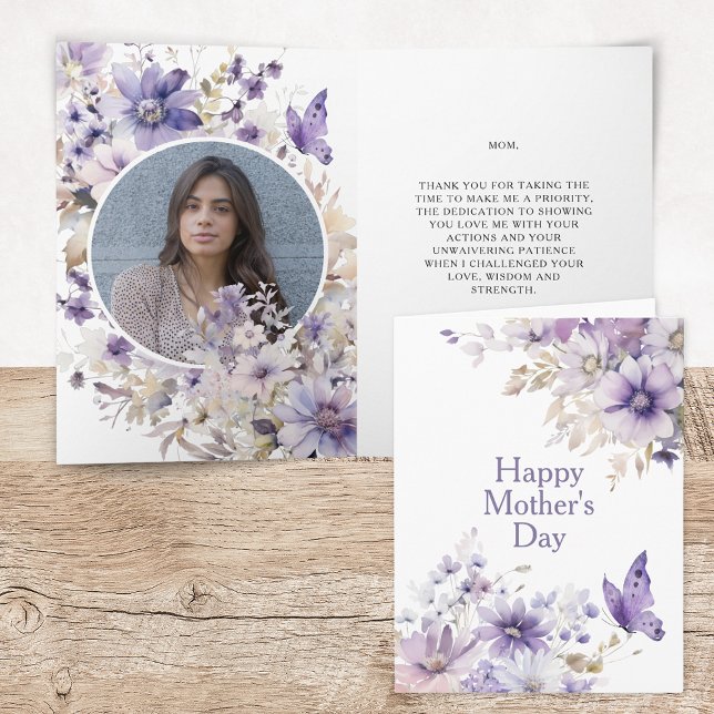 Modern Purple Floral Photo Happy Mother's Day Card (Elegant Modern Floral Watercolor Happy Mother's Day Card with Photo and Personalized Message)