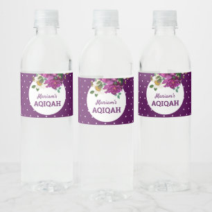 Modern Purple Floral Polka Dots Aqiqah Water Bottle Label