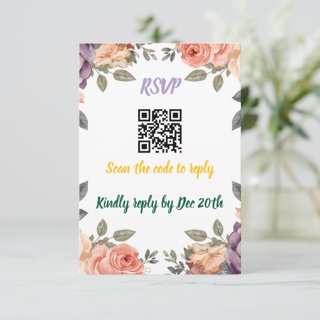Modern Purple Floral QR Code RSVP | Scan to Reply  Enclosure Card (Standing Front)