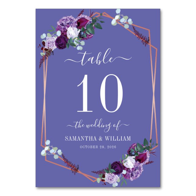 Modern Purple Floral Rose Gold Frame Wedding Table Number (Back)