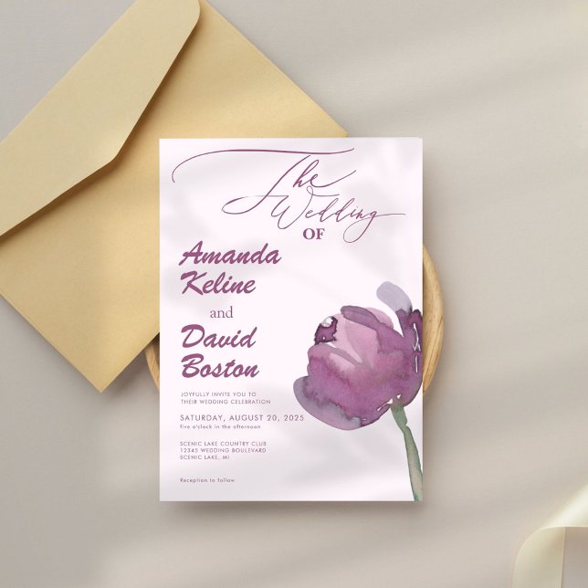 Modern Purple Floral Script Elegant Wedding Invitation (Creator Uploaded)