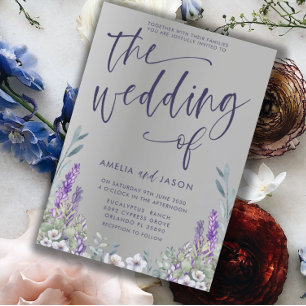 Modern Purple Floral & Silver Metallic Wedding Invitation
