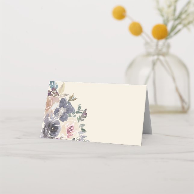 Modern Purple Floral Watercolor Elegant Wedding Place Card (Front)