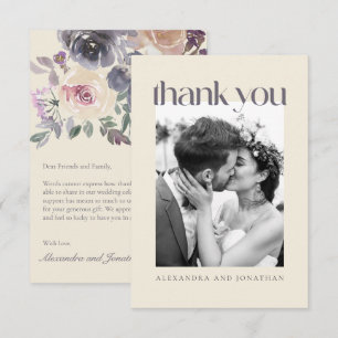 Modern Purple Floral Watercolor Wedding Photo Thank You Card