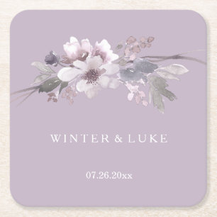 Modern Purple Floral Watercolor Wedding Square Paper Coaster