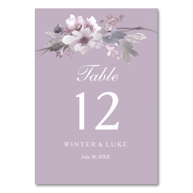 Modern Purple Floral Watercolor Wedding Table Card (Front)