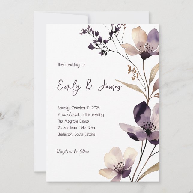 Modern Purple Floral Wedding Invitation (Front)