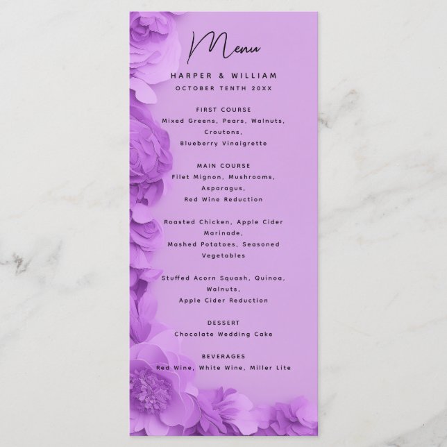 Modern purple floral wedding menu (Front)