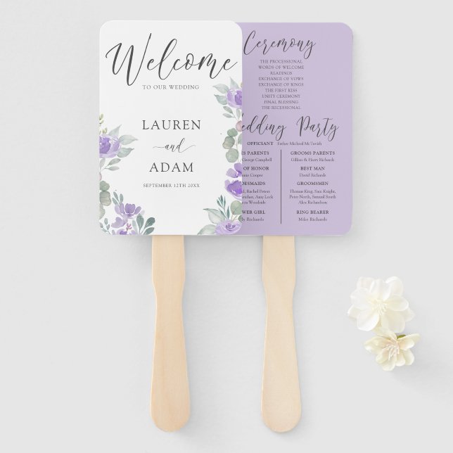 Modern Purple Floral Wedding Program Hand Fan (Front and Back)