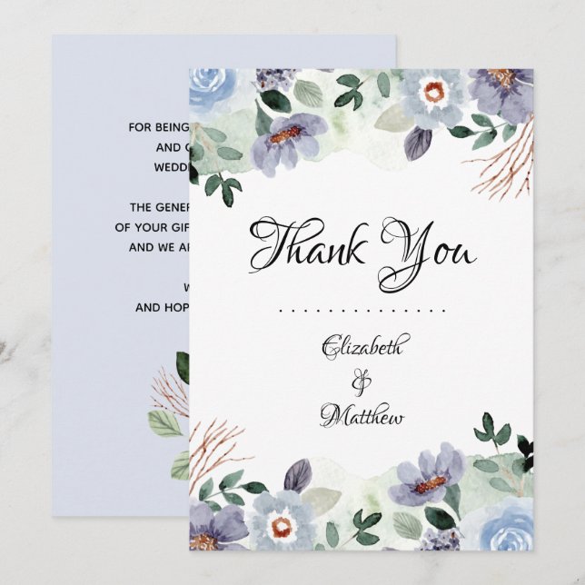 Modern Purple Floral Wedding Thank You Card (Front/Back)