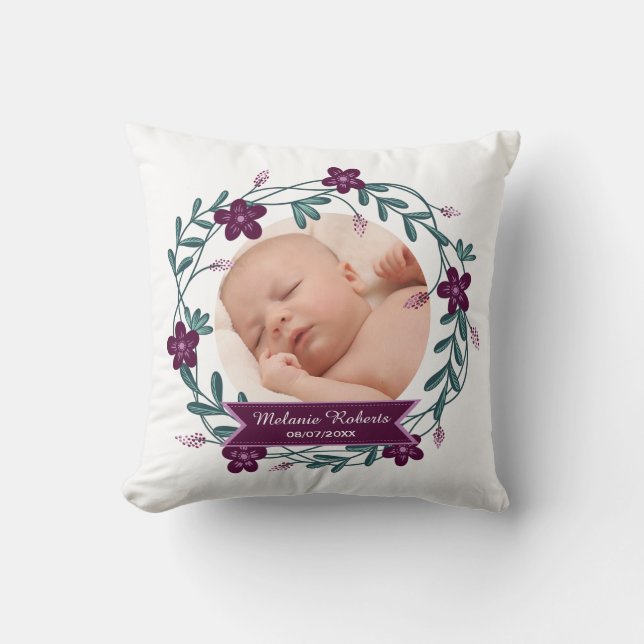 Modern Purple Floral Wreath Baby Photo Keepsake Cushion (Front)