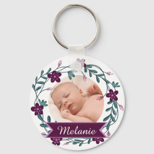Modern Purple Floral Wreath Baby Photo Keepsake Key Ring