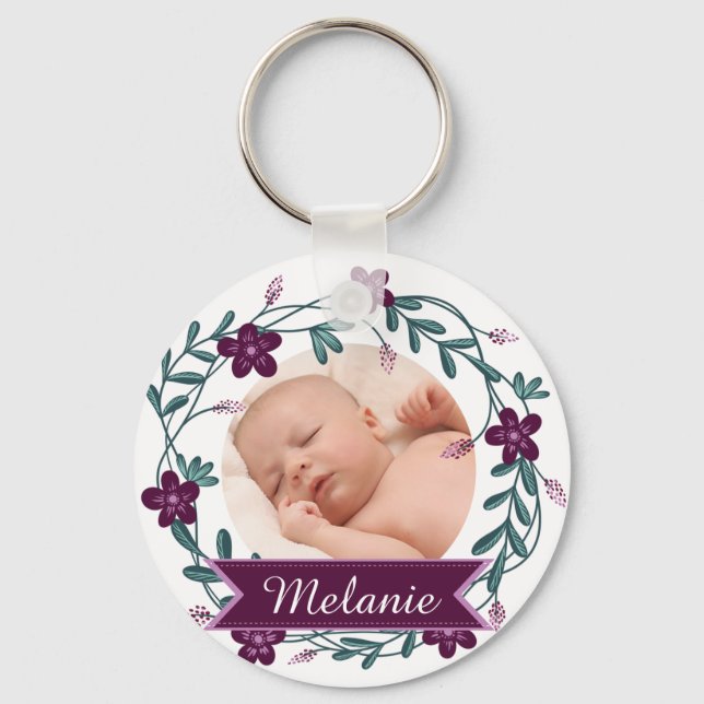 Modern Purple Floral Wreath Baby Photo Keepsake Key Ring (Front)
