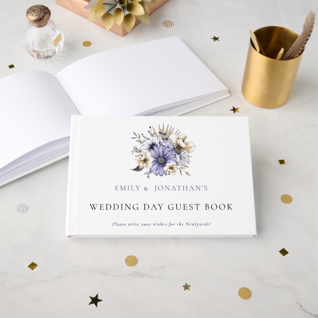 Modern Purple Florals Foliage Wedding Day Guest Book (Front Open)