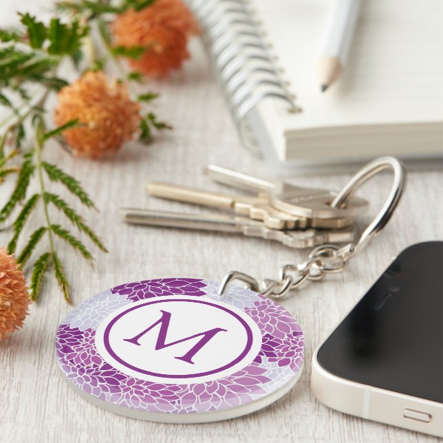 Modern Purple Flower Pattern Monogram Key Ring (Front Right)