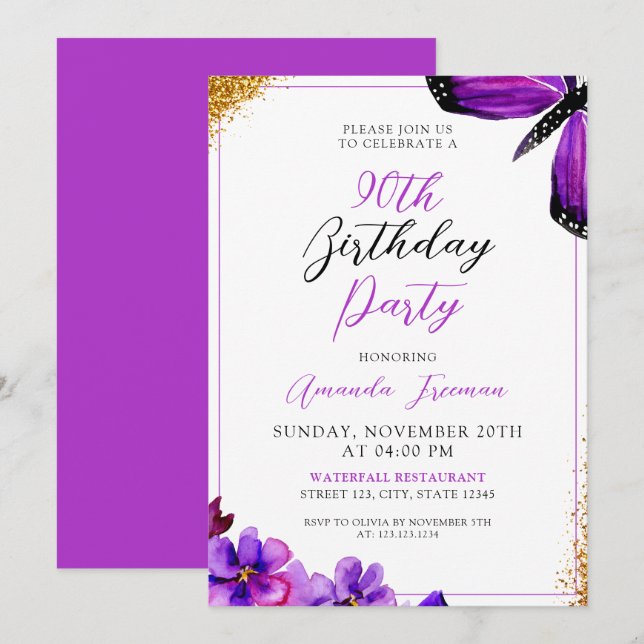 Modern Purple Flowers 90th Birthday Invitation (Front/Back)