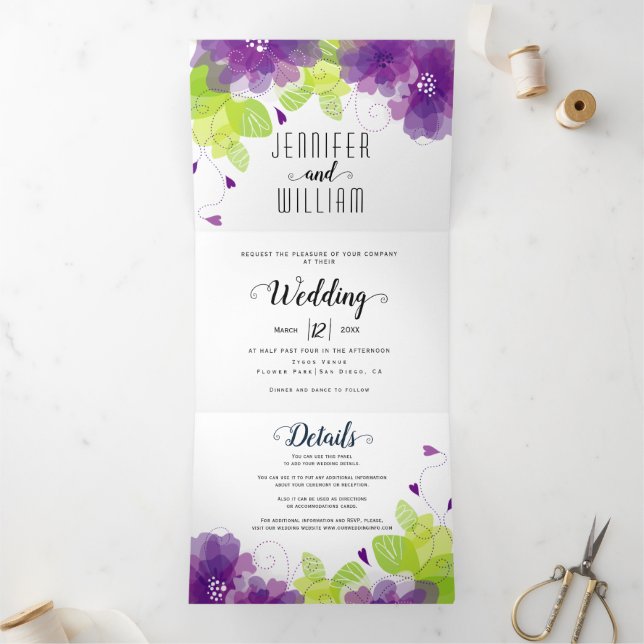 Modern purple flowers, typography floral wedding Tri-Fold invitation (Inside)