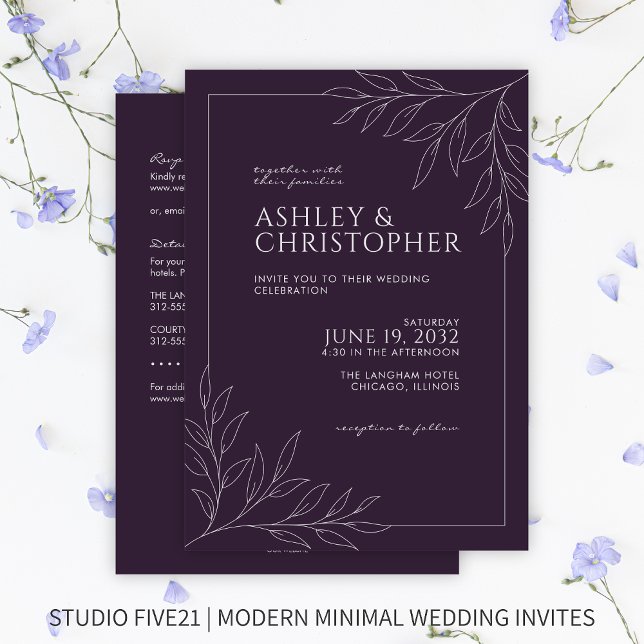 Modern Purple Foliage Outline All-in-One Wedding Invitation (Creator Uploaded)