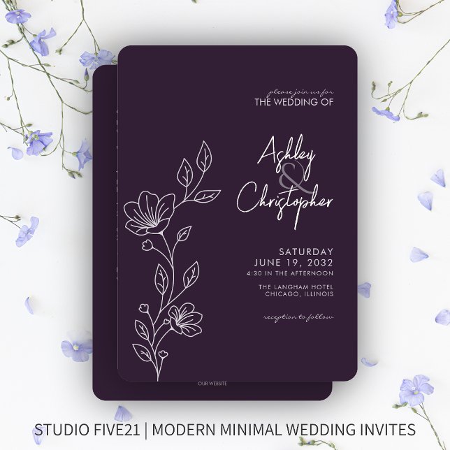 Modern Purple Foliage Outline All-in-One Wedding Invitation (Creator Uploaded)