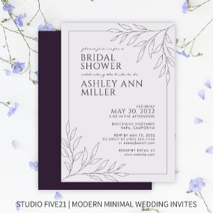 Modern Purple Foliage Outline Bridal Shower Invitation