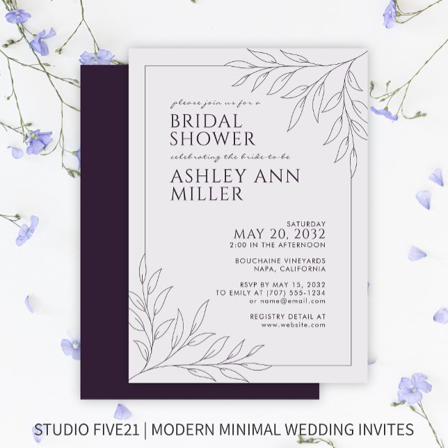 Modern Purple Foliage Outline Bridal Shower Invitation (Creator Uploaded)