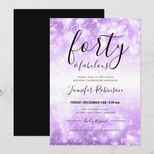 Modern Purple Forty & Fabulous 40th Birthday Invitation (Front/Back)