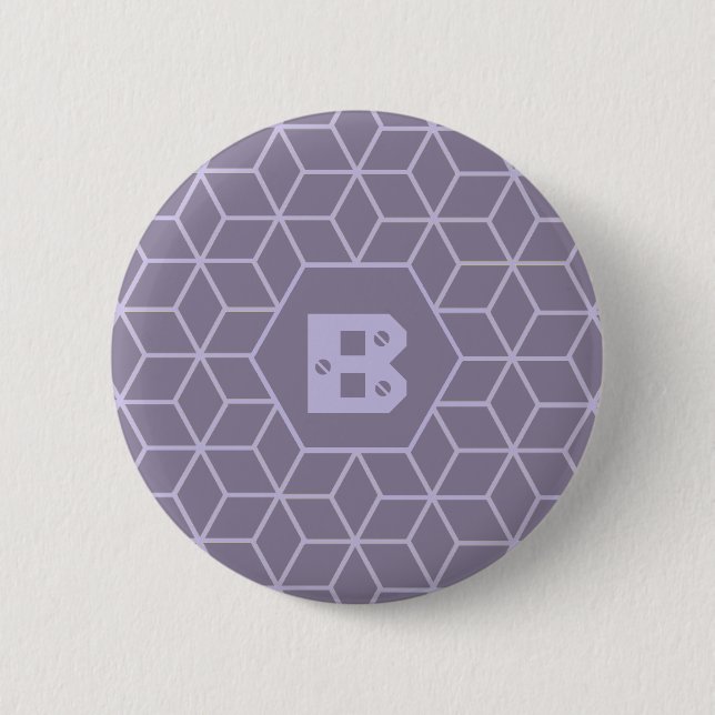Modern Purple Geometric Cubes Pattern Monogram 6 Cm Round Badge (Front)