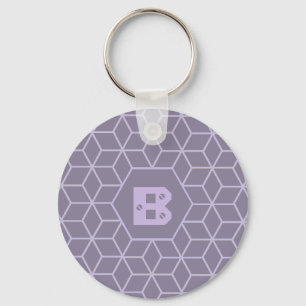 Modern Purple Geometric Cubes Pattern Monogram Key Ring