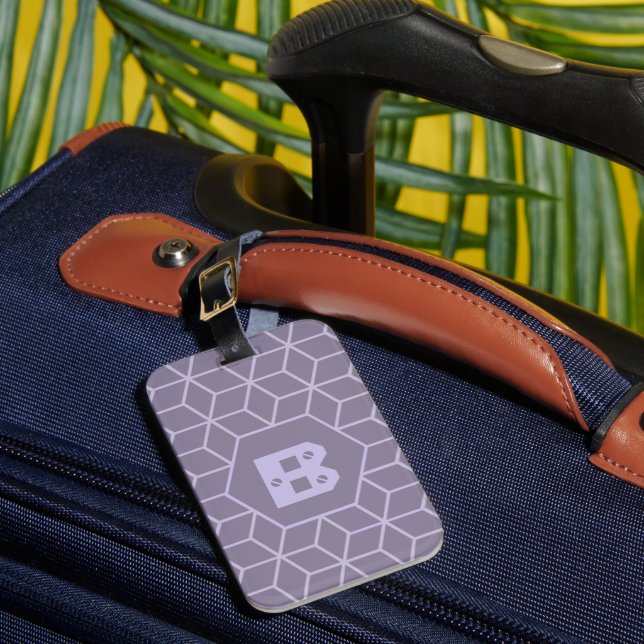 Modern Purple Geometric Cubes Pattern Monogram Luggage Tag (Front Insitu 1)