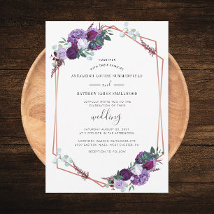 Modern Purple Geometric Rose Gold Floral Wedding Invitation
