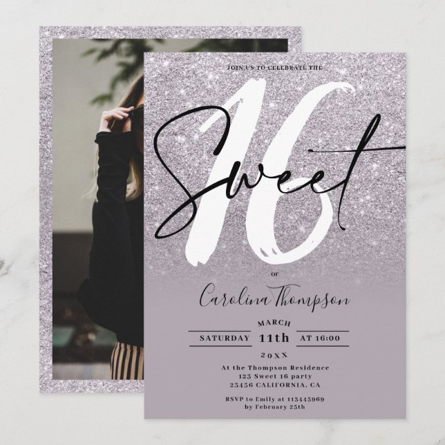 Modern purple glitter border script photo Sweet 16 Invitation (Front/Back)